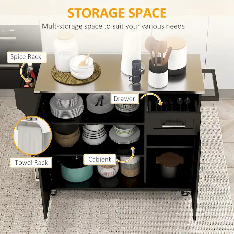 Rolling Kitchen Island with Stainless Steel Top, 2 Drawers and 3 Cabinets