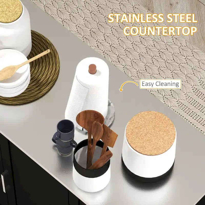 Rolling Kitchen Island with Stainless Steel Top, 2 Drawers and 3 Cabinets