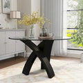 52-Inch Round Tempered Glass Top Dining Table with Crisscross Solid Wood Base