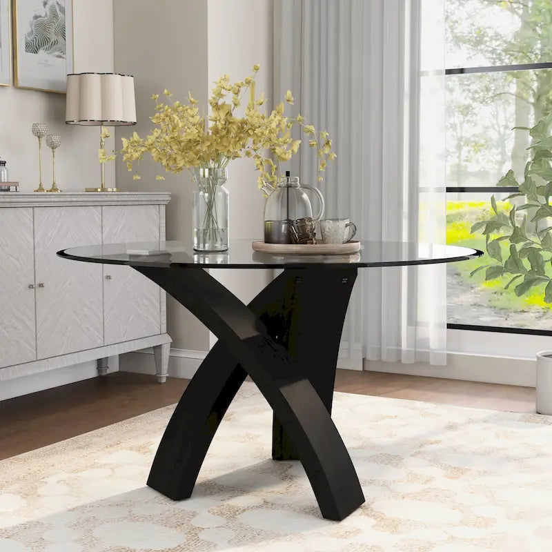 52-Inch Round Tempered Glass Top Dining Table with Crisscross Solid Wood Base