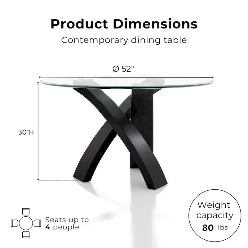52-Inch Round Tempered Glass Top Dining Table with Crisscross Solid Wood Base