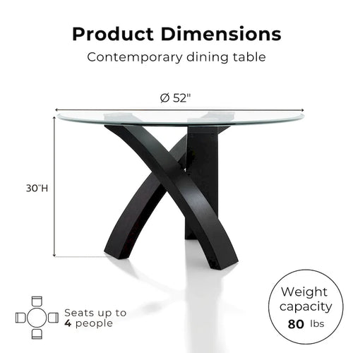 52-Inch Round Tempered Glass Top Dining Table with Crisscross Solid Wood Base