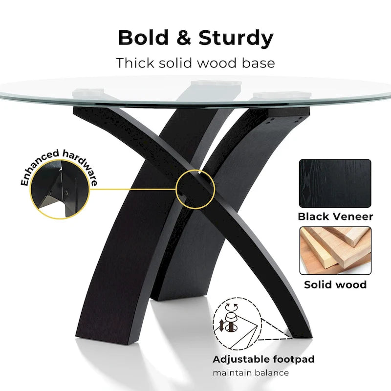 52-Inch Round Tempered Glass Top Dining Table with Crisscross Solid Wood Base