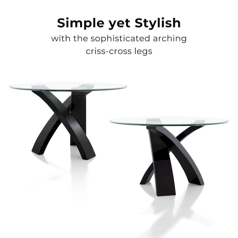 52-Inch Round Tempered Glass Top Dining Table with Crisscross Solid Wood Base