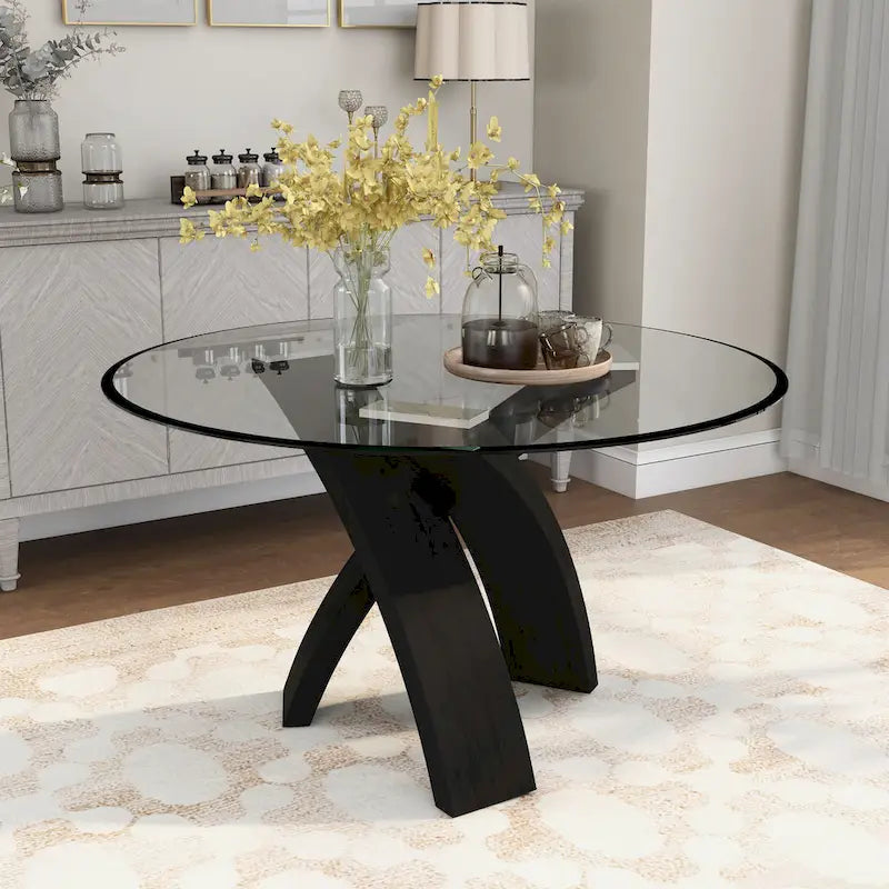 52-Inch Round Tempered Glass Top Dining Table with Crisscross Solid Wood Base