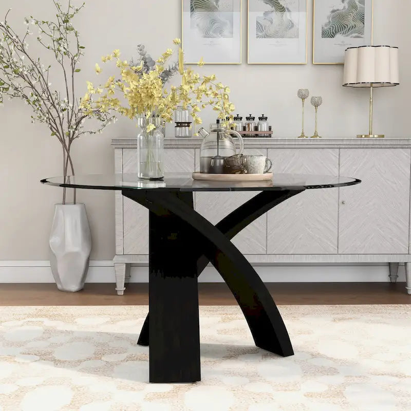 52-Inch Round Tempered Glass Top Dining Table with Crisscross Solid Wood Base