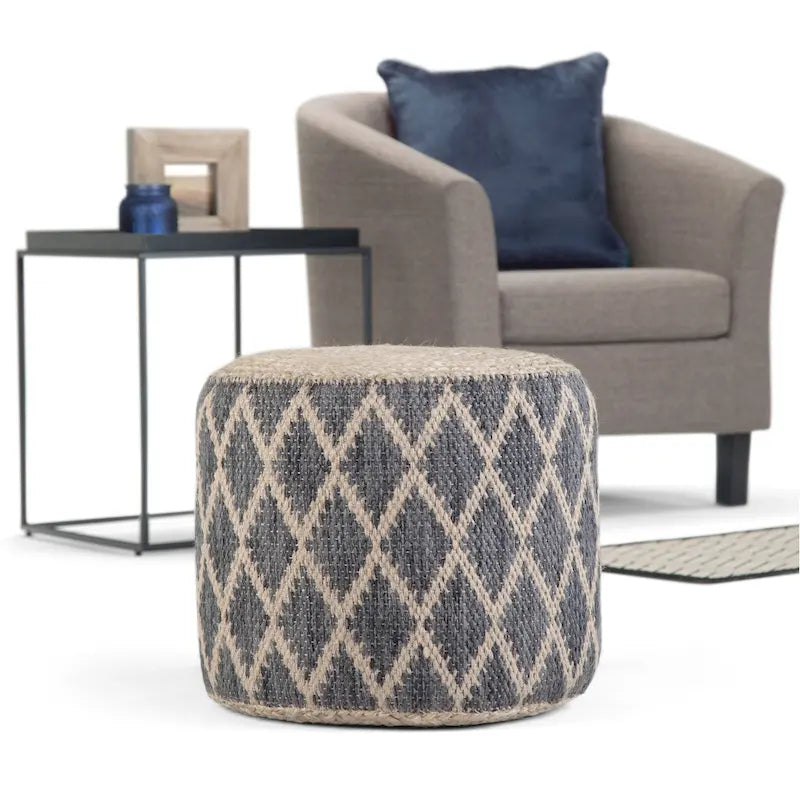 Boho Round Pouf in Hand-Woven Jute and Cotton with Diamond Pattern