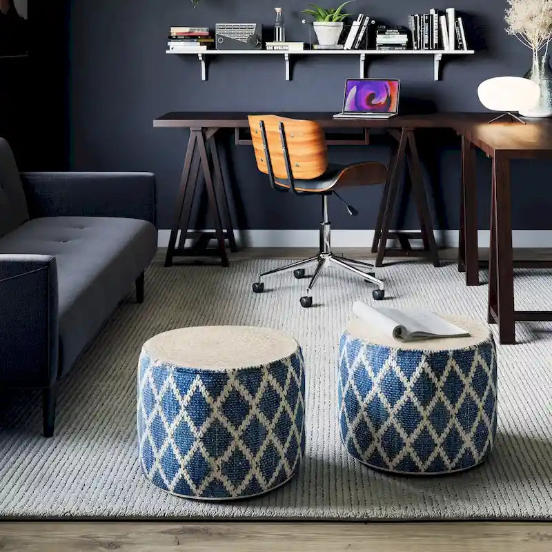Boho Round Pouf in Hand-Woven Jute and Cotton with Diamond Pattern