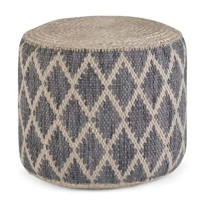 Boho Round Pouf in Hand-Woven Jute and Cotton with Diamond Pattern