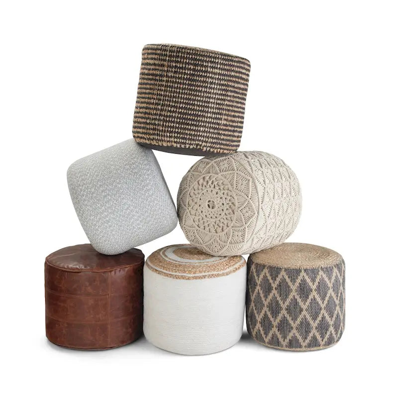 Pouf rotondo boho in juta e cotone intrecciati a mano con motivo a rombi