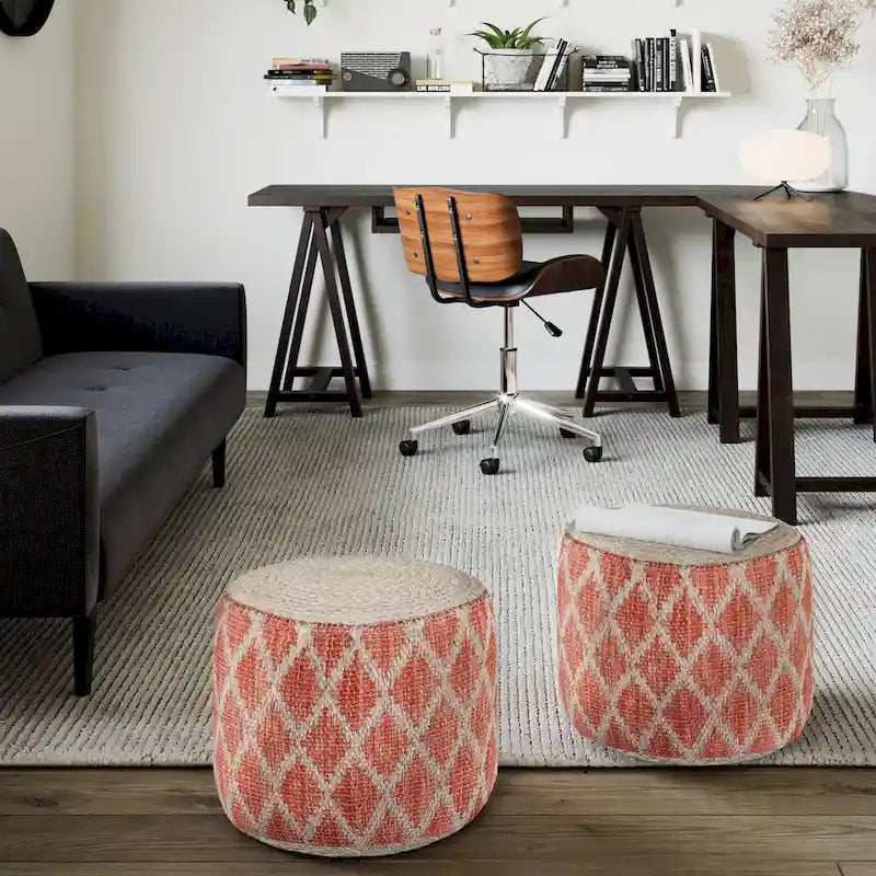 Pouf rotondo boho in juta e cotone intrecciati a mano con motivo a rombi
