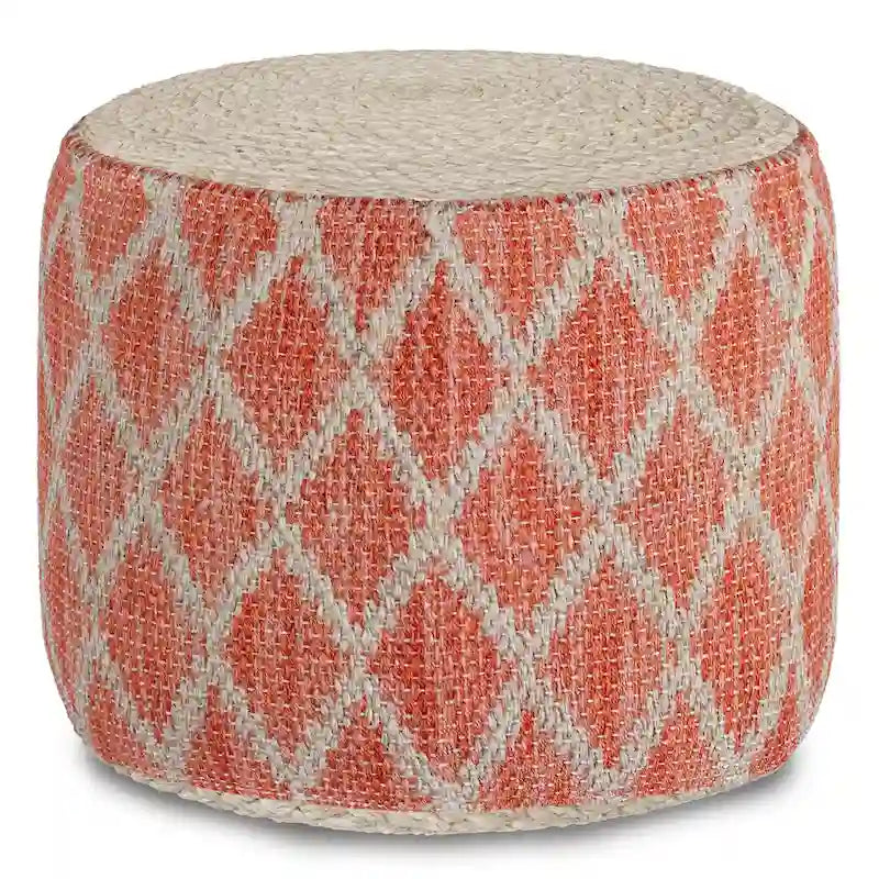 Pouf rotondo boho in juta e cotone intrecciati a mano con motivo a rombi