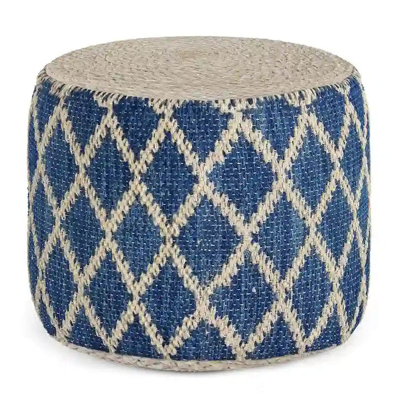 Pouf rotondo boho in juta e cotone intrecciati a mano con motivo a rombi