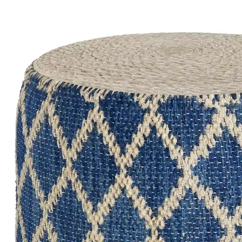 Pouf rotondo boho in juta e cotone intrecciati a mano con motivo a rombi