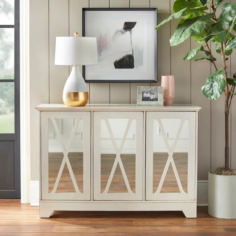 Distressed Buffet Console with Mirrored X-Front Doors and Adjustable Shelves