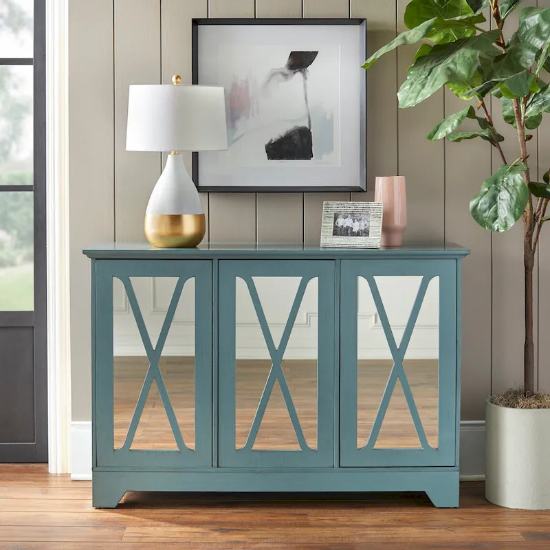 Distressed Buffet Console with Mirrored X-Front Doors and Adjustable Shelves
