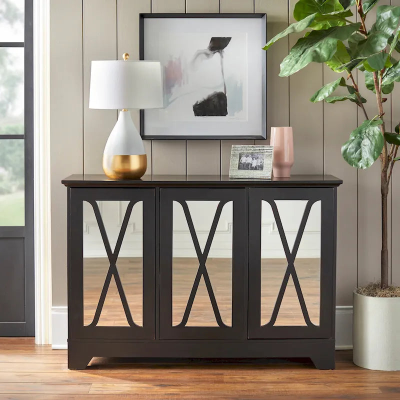 Distressed Buffet Console with Mirrored X-Front Doors and Adjustable Shelves