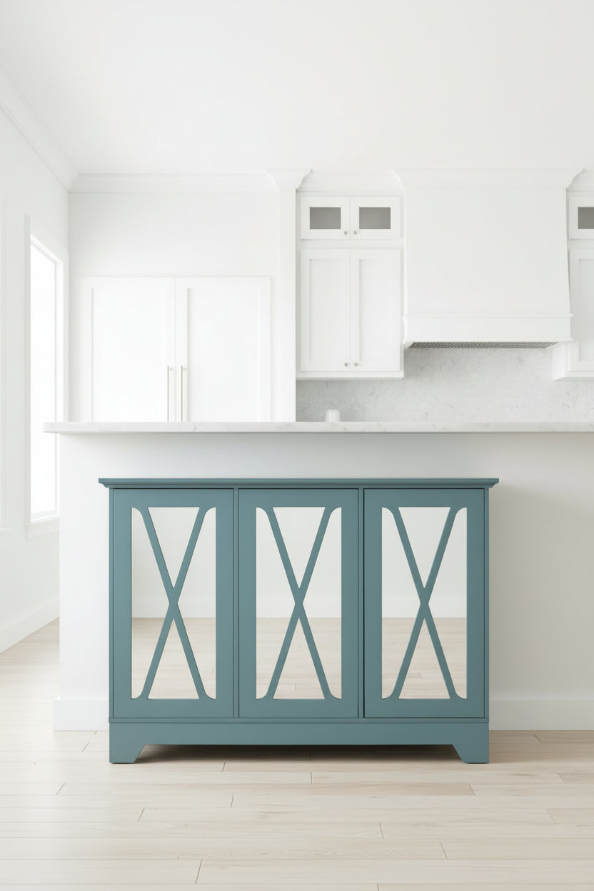 Distressed Buffet Console with Mirrored X-Front Doors and Adjustable Shelves