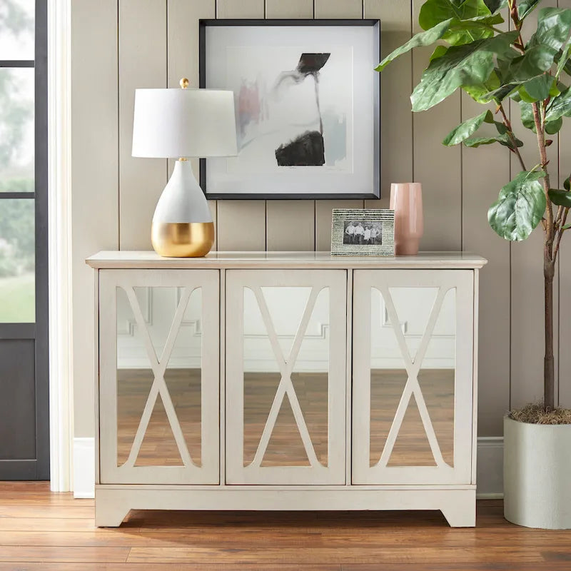 Distressed Buffet Console with Mirrored X-Front Doors and Adjustable Shelves