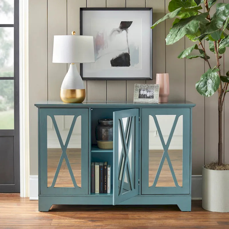 Distressed Buffet Console with Mirrored X-Front Doors and Adjustable Shelves