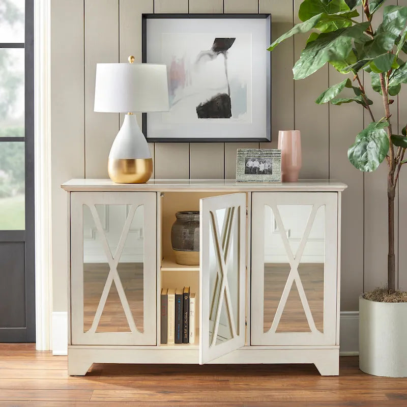 Distressed Buffet Console with Mirrored X-Front Doors and Adjustable Shelves