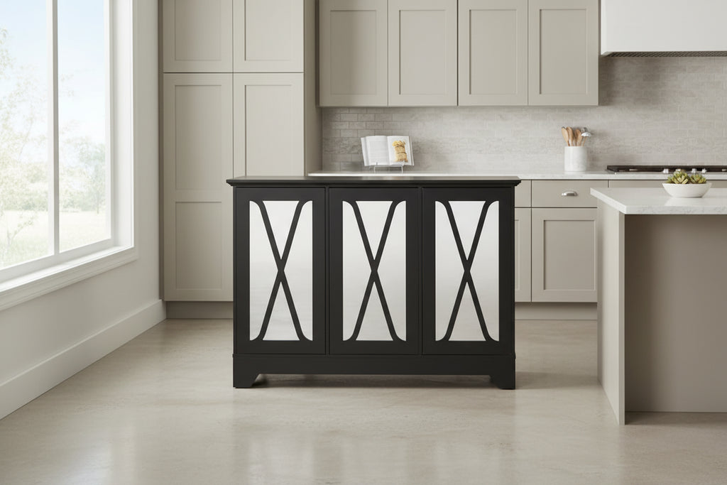 Distressed Buffet Console with Mirrored X-Front Doors and Adjustable Shelves