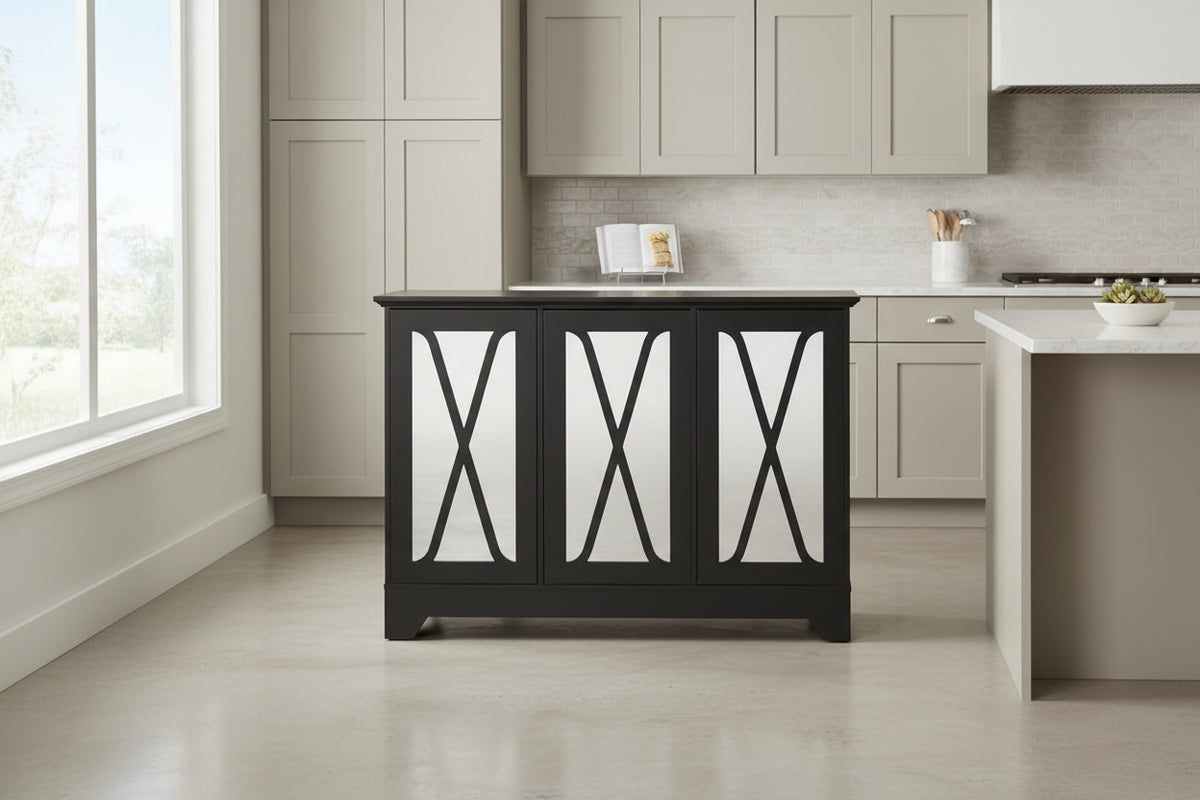 Distressed Buffet Console with Mirrored X-Front Doors and Adjustable Shelves