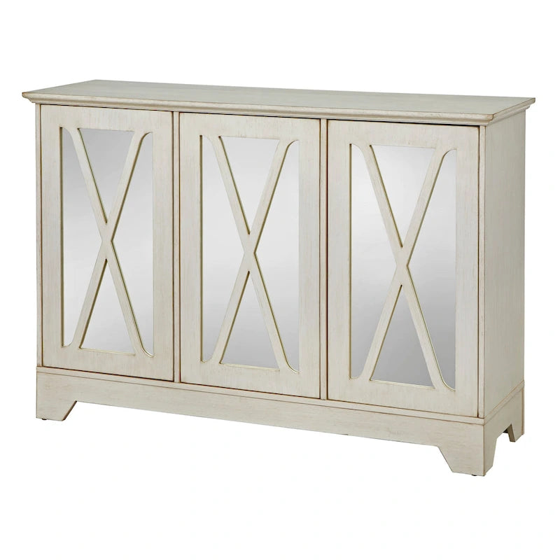 Distressed Buffet Console with Mirrored X-Front Doors and Adjustable Shelves