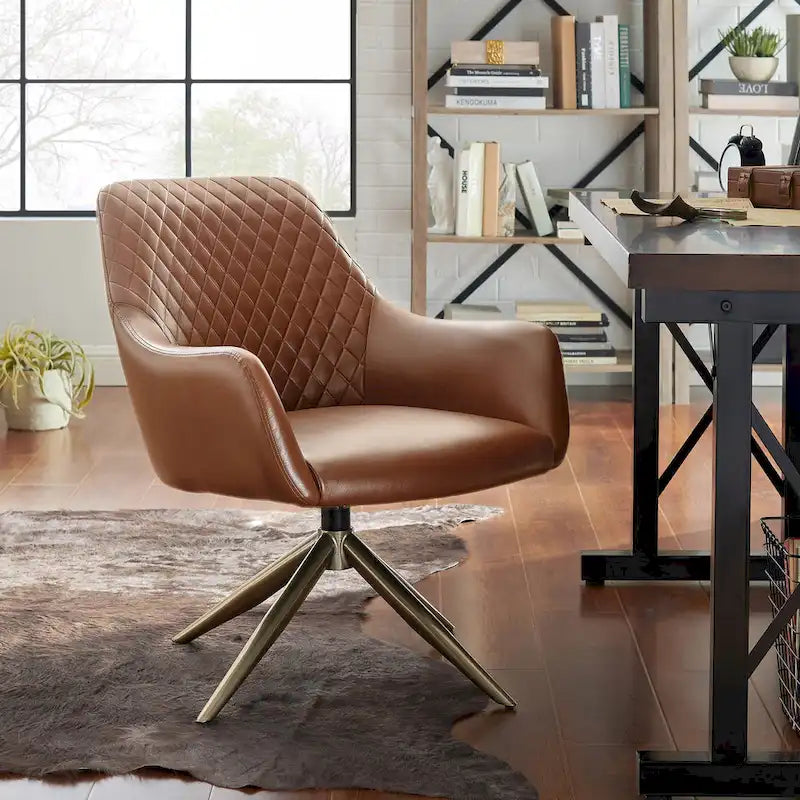 Faux Leather Swivel Accent Arm Chair with Golden Base