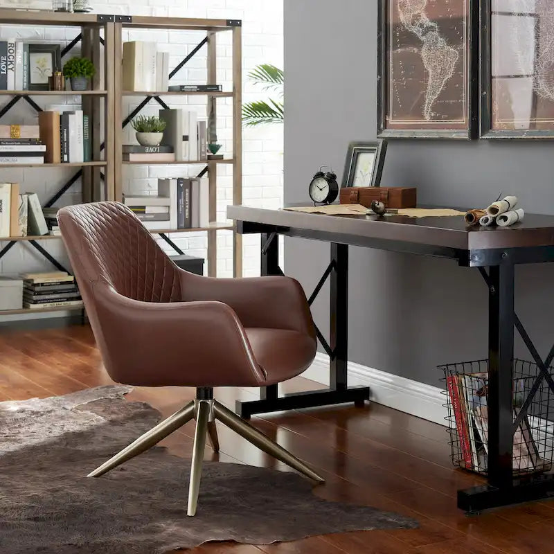 Faux Leather Swivel Accent Arm Chair with Golden Base