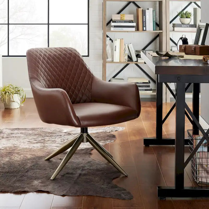 Faux Leather Swivel Accent Arm Chair with Golden Base