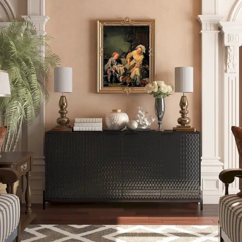 High-Gloss 4-Door Accent Buffet Sideboard with Adjustable Shelves and Metal Legs