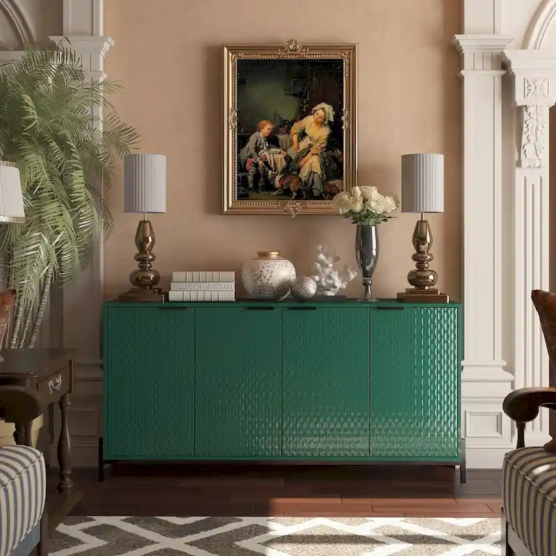 High-Gloss 4-Door Accent Buffet Sideboard with Adjustable Shelves and Metal Legs
