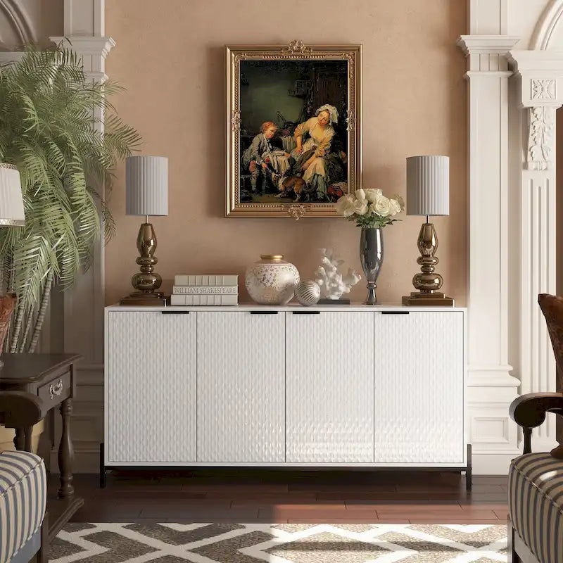 High-Gloss 4-Door Accent Buffet Sideboard with Adjustable Shelves and Metal Legs