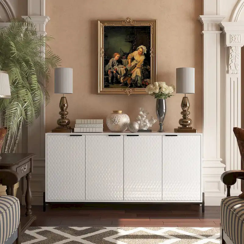 High-Gloss 4-Door Accent Buffet Sideboard with Adjustable Shelves and Metal Legs