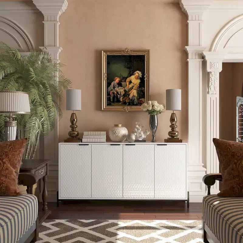 High-Gloss 4-Door Accent Buffet Sideboard with Adjustable Shelves and Metal Legs