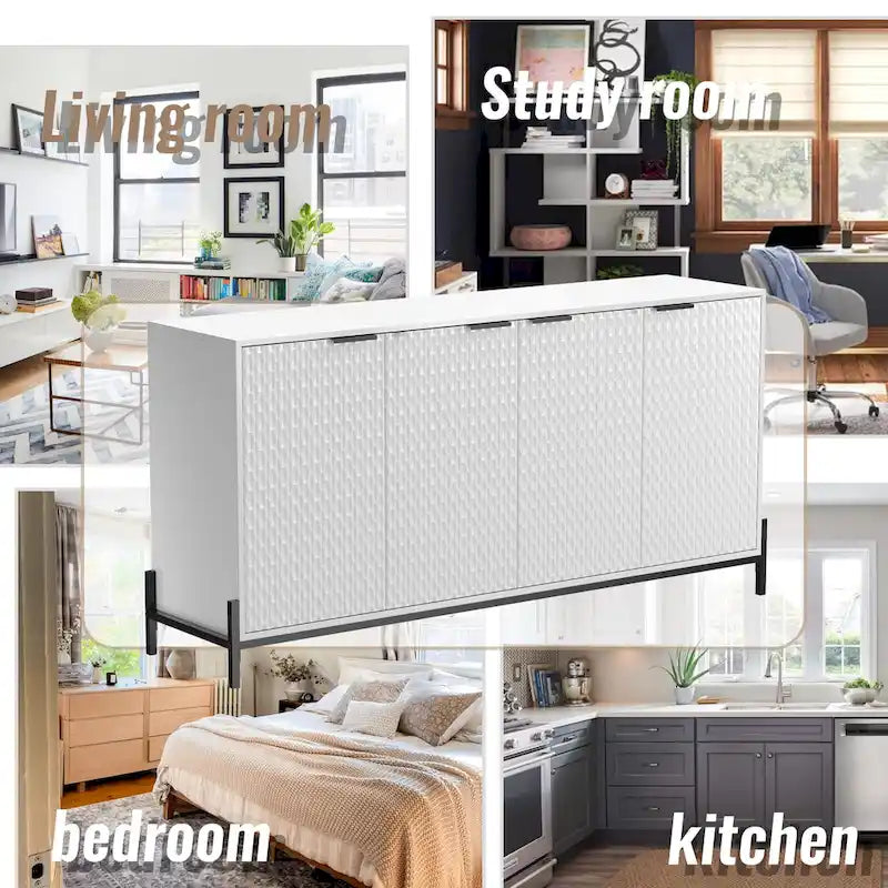 High-Gloss 4-Door Accent Buffet Sideboard with Adjustable Shelves and Metal Legs