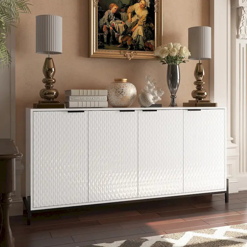 High-Gloss 4-Door Accent Buffet Sideboard with Adjustable Shelves and Metal Legs