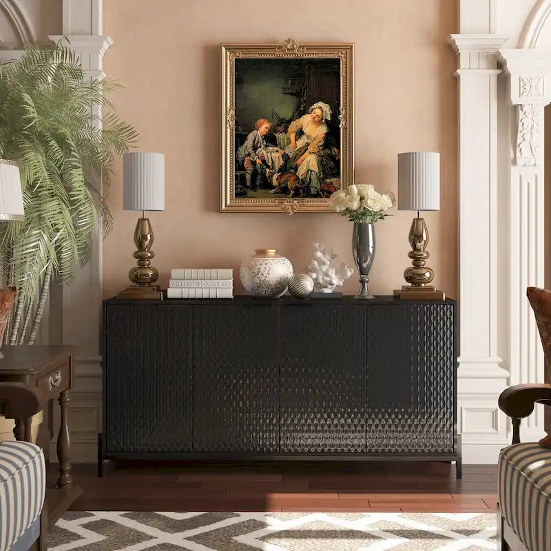High-Gloss 4-Door Accent Buffet Sideboard with Adjustable Shelves and Metal Legs