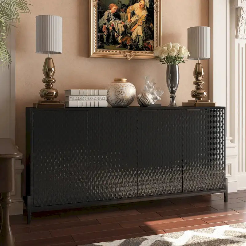 High-Gloss 4-Door Accent Buffet Sideboard with Adjustable Shelves and Metal Legs