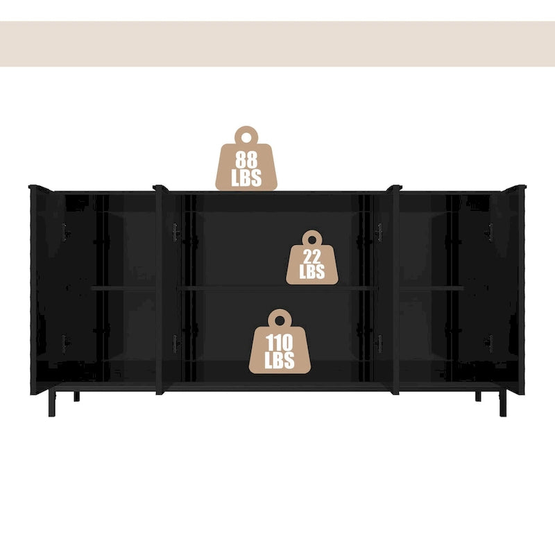 High-Gloss 4-Door Accent Buffet Sideboard with Adjustable Shelves and Metal Legs