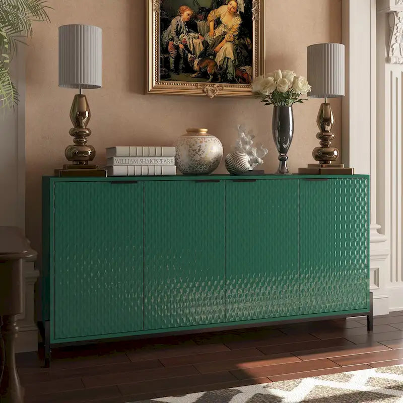 High-Gloss 4-Door Accent Buffet Sideboard with Adjustable Shelves and Metal Legs