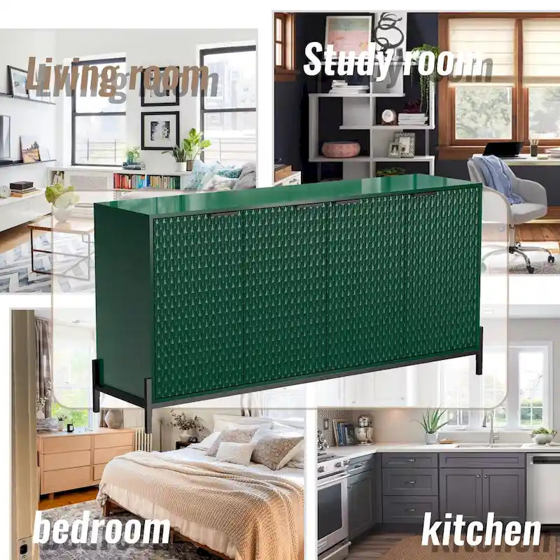 High-Gloss 4-Door Accent Buffet Sideboard with Adjustable Shelves and Metal Legs