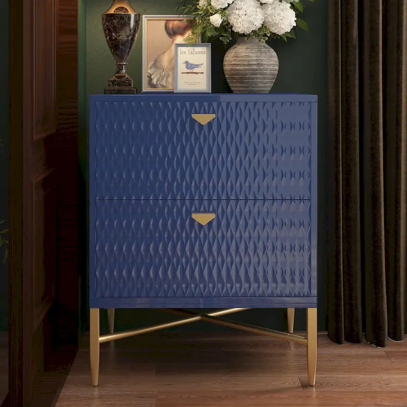 High-Gloss 2-Drawer Nightstand End Table with Embossed Front and Gold Metal Legs