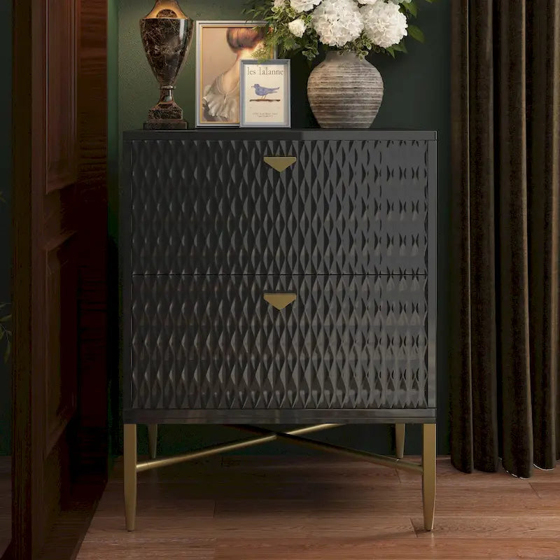 High-Gloss 2-Drawer Nightstand End Table with Embossed Front and Gold Metal Legs