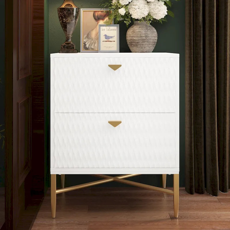 High-Gloss 2-Drawer Nightstand End Table with Embossed Front and Gold Metal Legs
