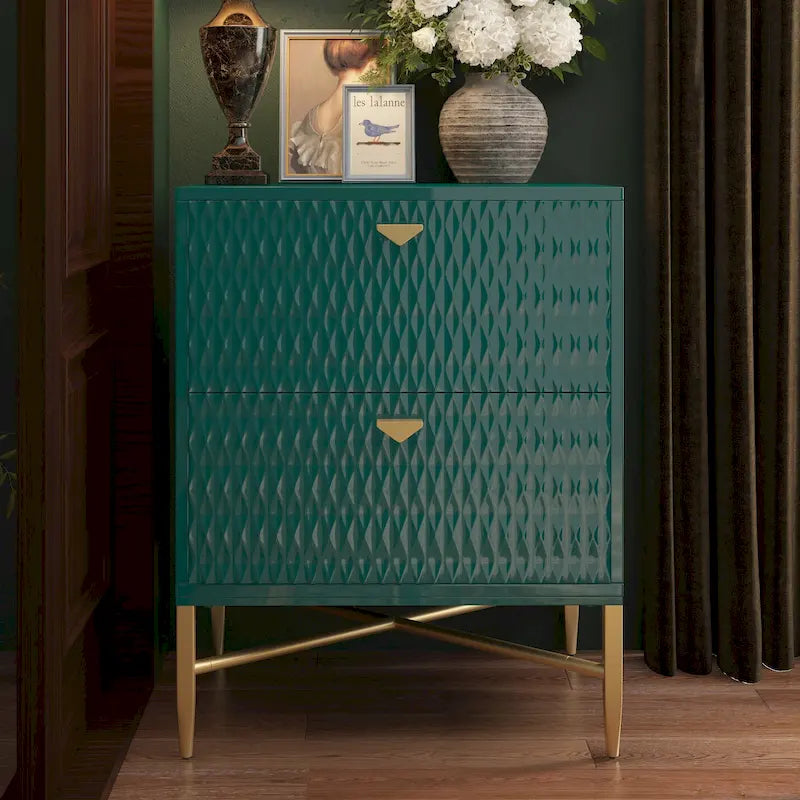 High-Gloss 2-Drawer Nightstand End Table with Embossed Front and Gold Metal Legs