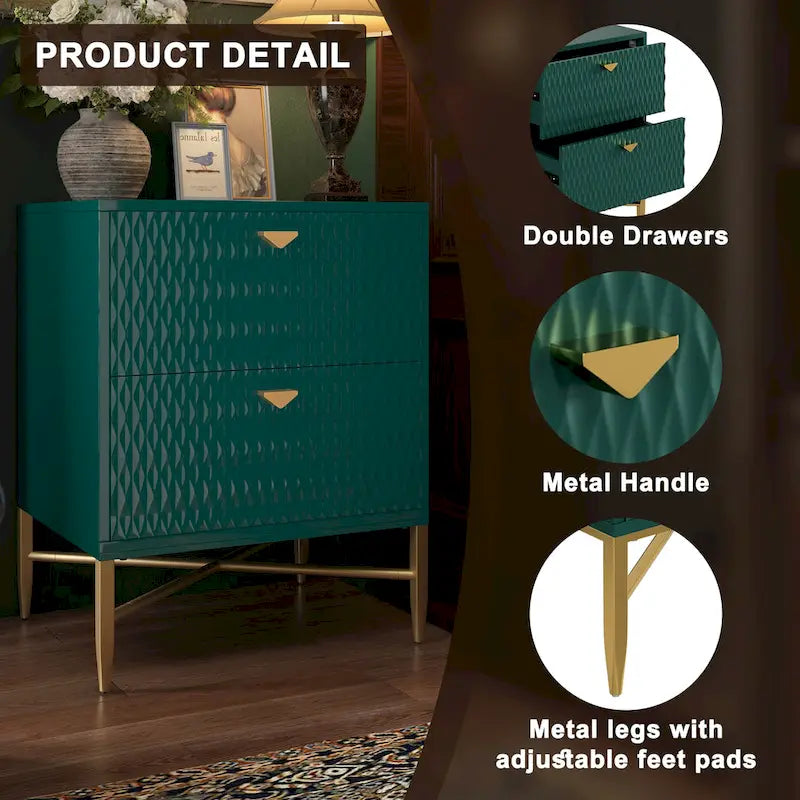 High-Gloss 2-Drawer Nightstand End Table with Embossed Front and Gold Metal Legs