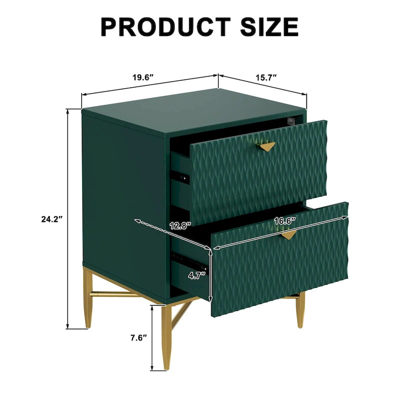 High-Gloss 2-Drawer Nightstand End Table with Embossed Front and Gold Metal Legs