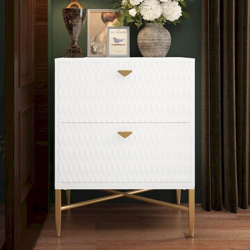 High-Gloss 2-Drawer Nightstand End Table with Embossed Front and Gold Metal Legs